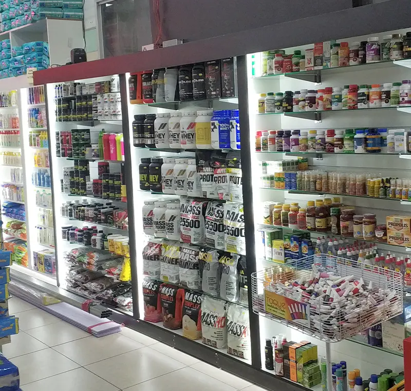 Expositores iluminados para suplementos e produtos de bem-estar